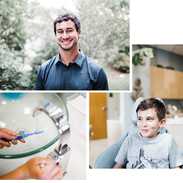 Collage showing Dr. Lucas speaking with a patient, a young male patient, and a sink